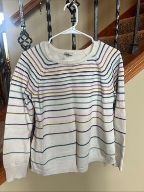 Talbots Cream Striped Crewneck Sweater with Multicolor Lines